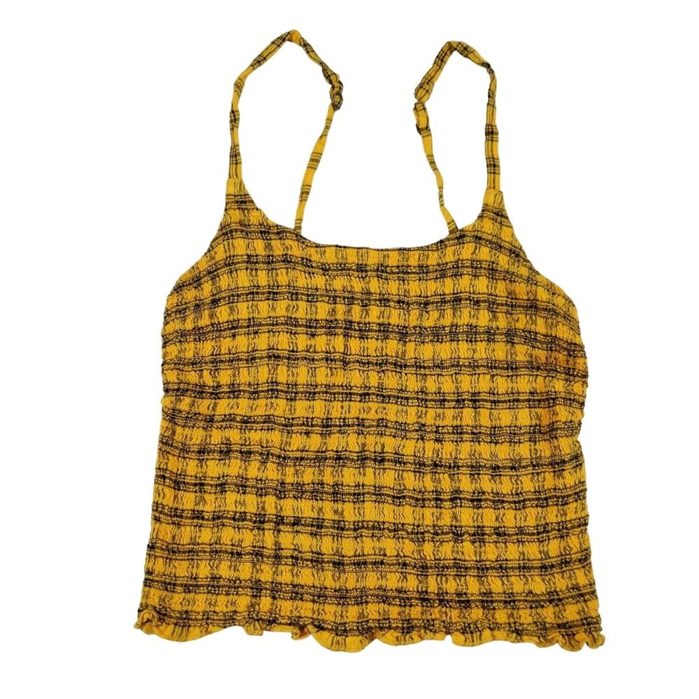 Hollister Womens Tank Top Spaghetti Strap Smocked Camisole Yellow Black Plaid S